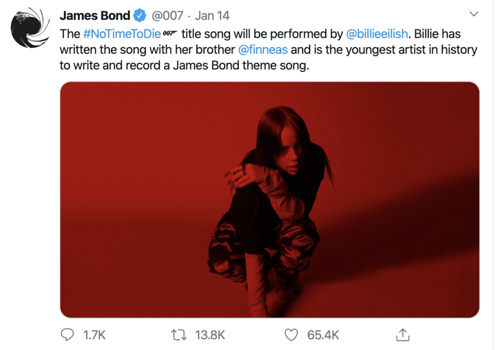 Screenshot of tweet from 007 twitter account stating that Billie Eilish will be performing "No Time To Die" as the theme song for the next 007 movie.