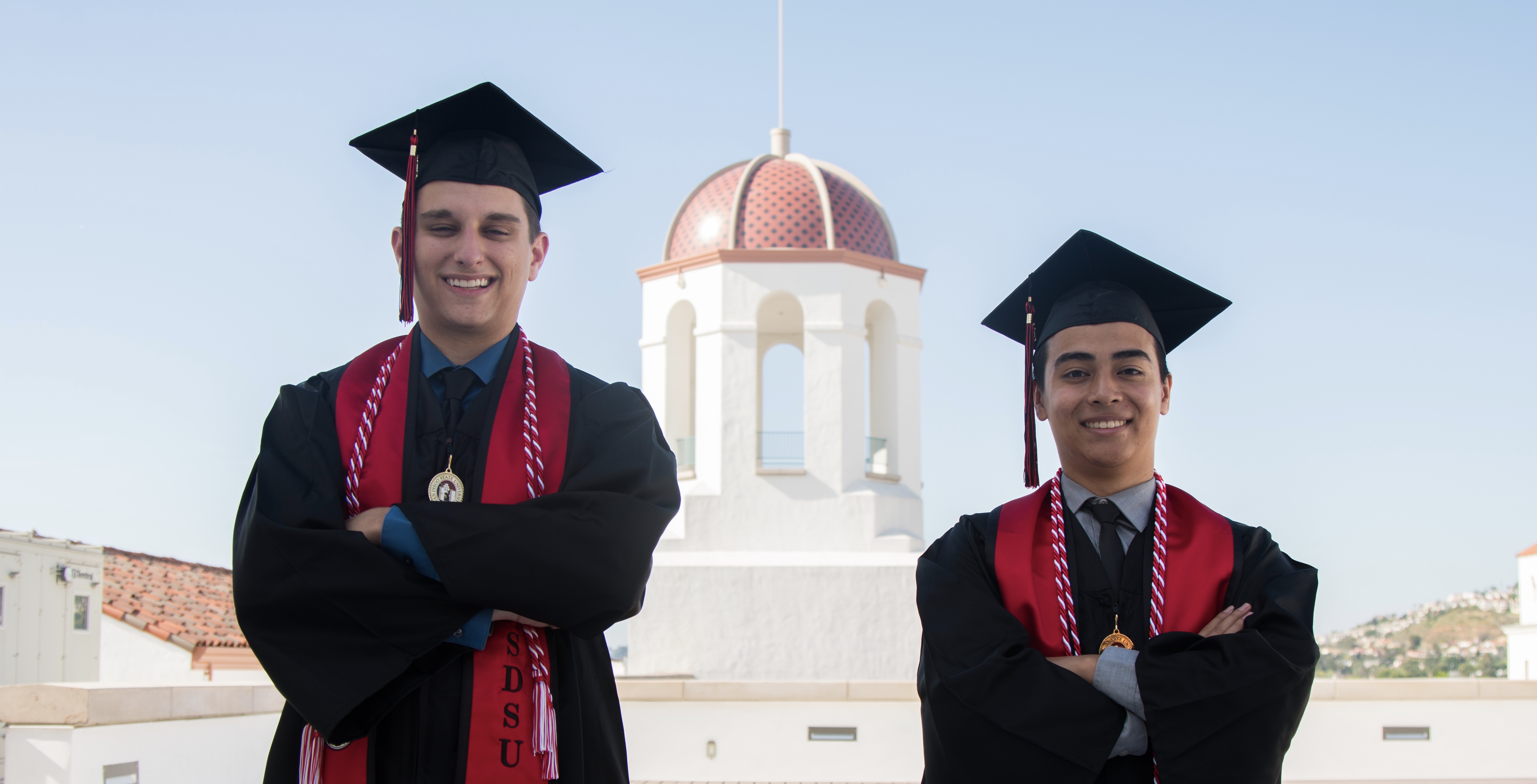 Matt Hoffman and Anthony Reclusado pose in the Student Union at SDSU.