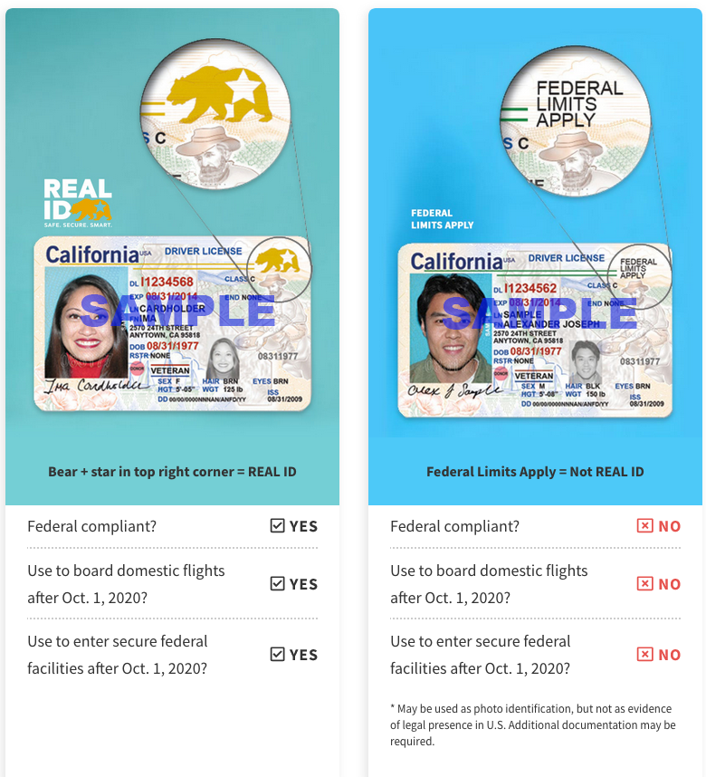 "REAL ID" sample and "Federal Limits Apply" sample I.D. Cards from the California Department of Motor Vehicles.