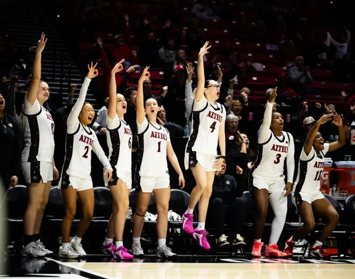 The Aztec bench celebrates a three-pointer against UNLV.