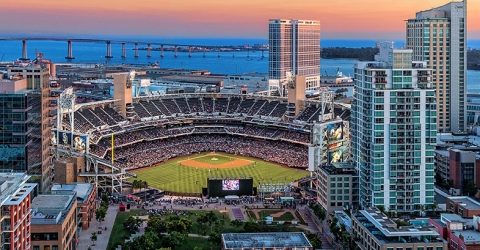 Panoramic view of Petco Park in East Village with a sunset backdrop
